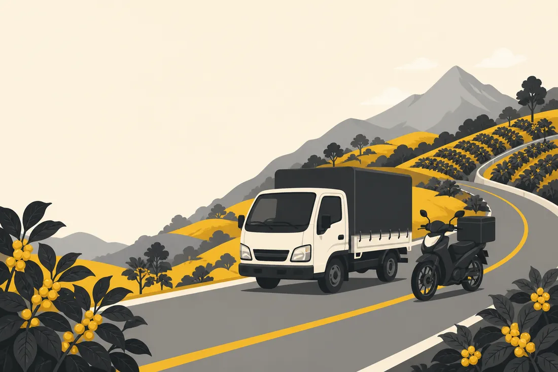Ilustración de un camión liviano y una moto de mensajería en una carretera de montaña.